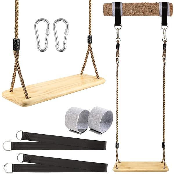 WOODEN SWING HANGING TREE SWINGS, WOOD SWINGS SEAT 19.7 * 9.8IN TO KIDS CHILDREN WITH ADJUSTABLE ROPE PLUS TREE STRAPS FOR BACKYARD, PLAYGROUND, PORCH, PATIO, GARDEN, PARK OR HOME