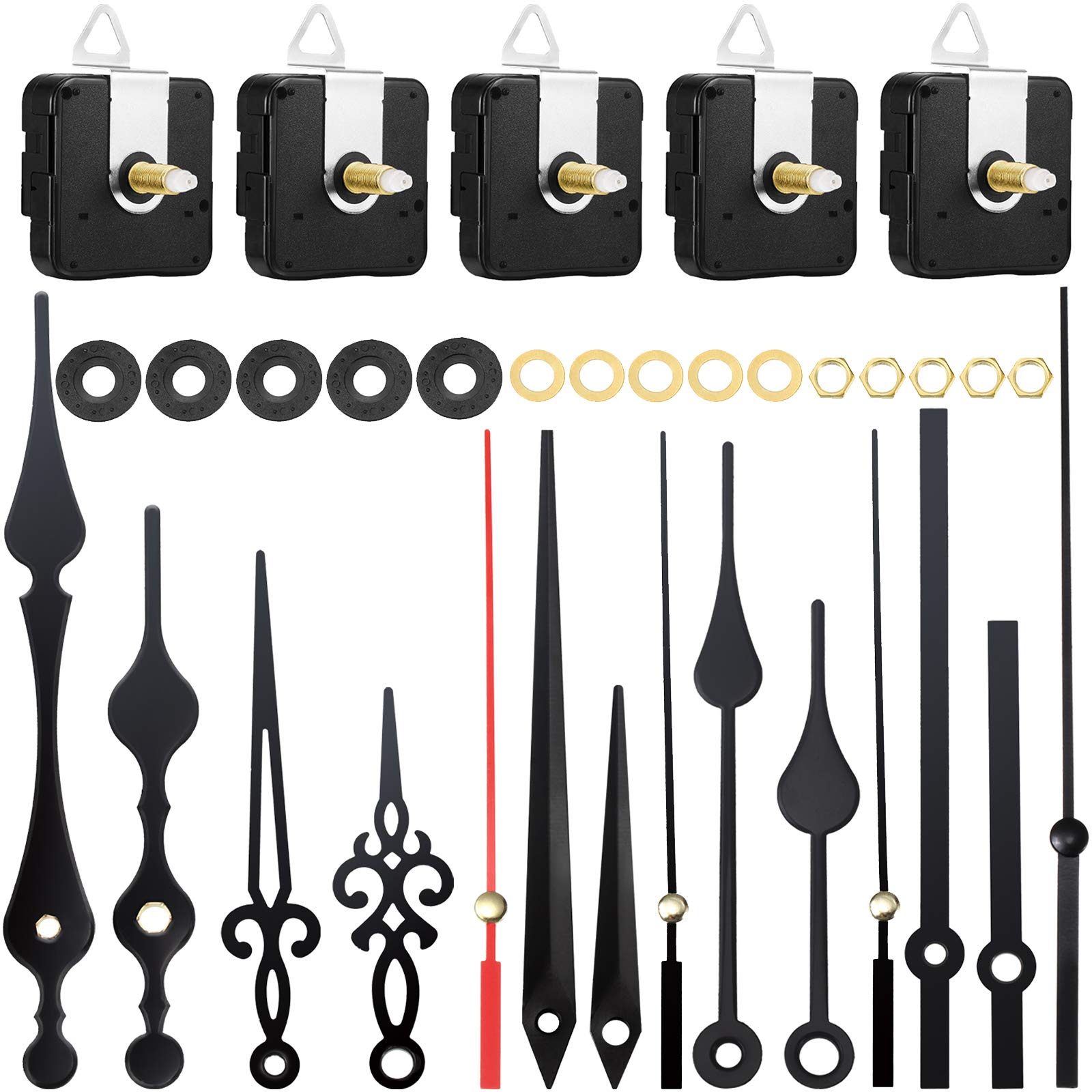 Hicarer 10 Pack Quartz Long Shaft Clock Mechanism Replacement Kit, 5 Pcs High Torque Wall Clock Movement Works Motors Parts with 5 Pairs Hands, Repair Parts Replacement DIY(20 mm/ 0.8 Inches)