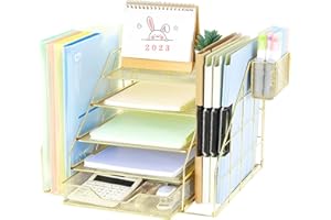 Spacrea 5-Tier Paper Letter Tray Organizer with File Holder - Office Desk Accessories & Workspace Organizers with Drawer and Pen Holder, Cute Desk Organizer for Office Supplies (Gold)
