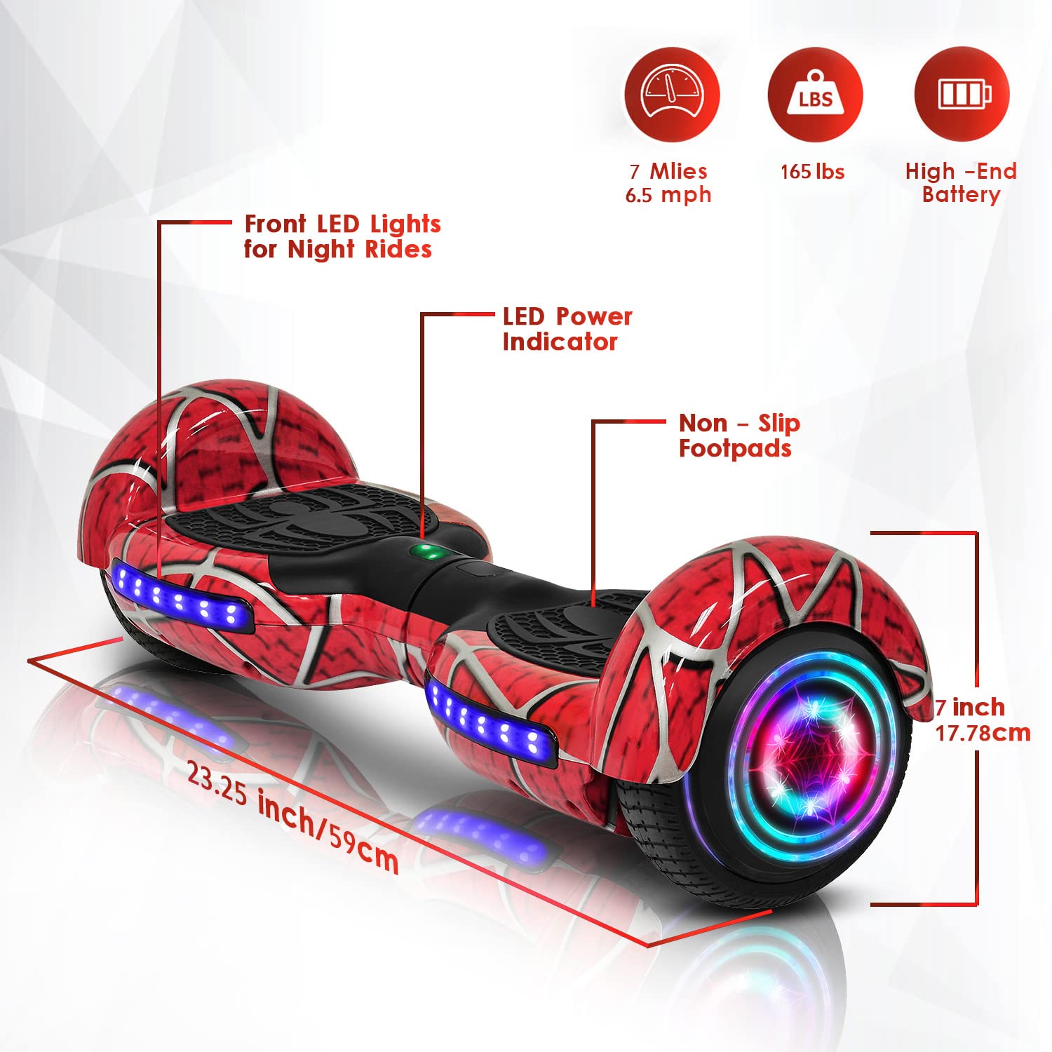 Spider-Pattern Hover Board for Kids Ages 6-12, with Bluetooth Speaker and LED Lights 6.5
