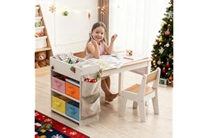 IKALIFE Kids Art Table and Chair - Toddler Craft Table and Chairs Set with 2 Chair & Bins, Large Storage Kids Activity Desk with Paper Roll for Playrooms & Classroom, 40" L x 20" W, Natural