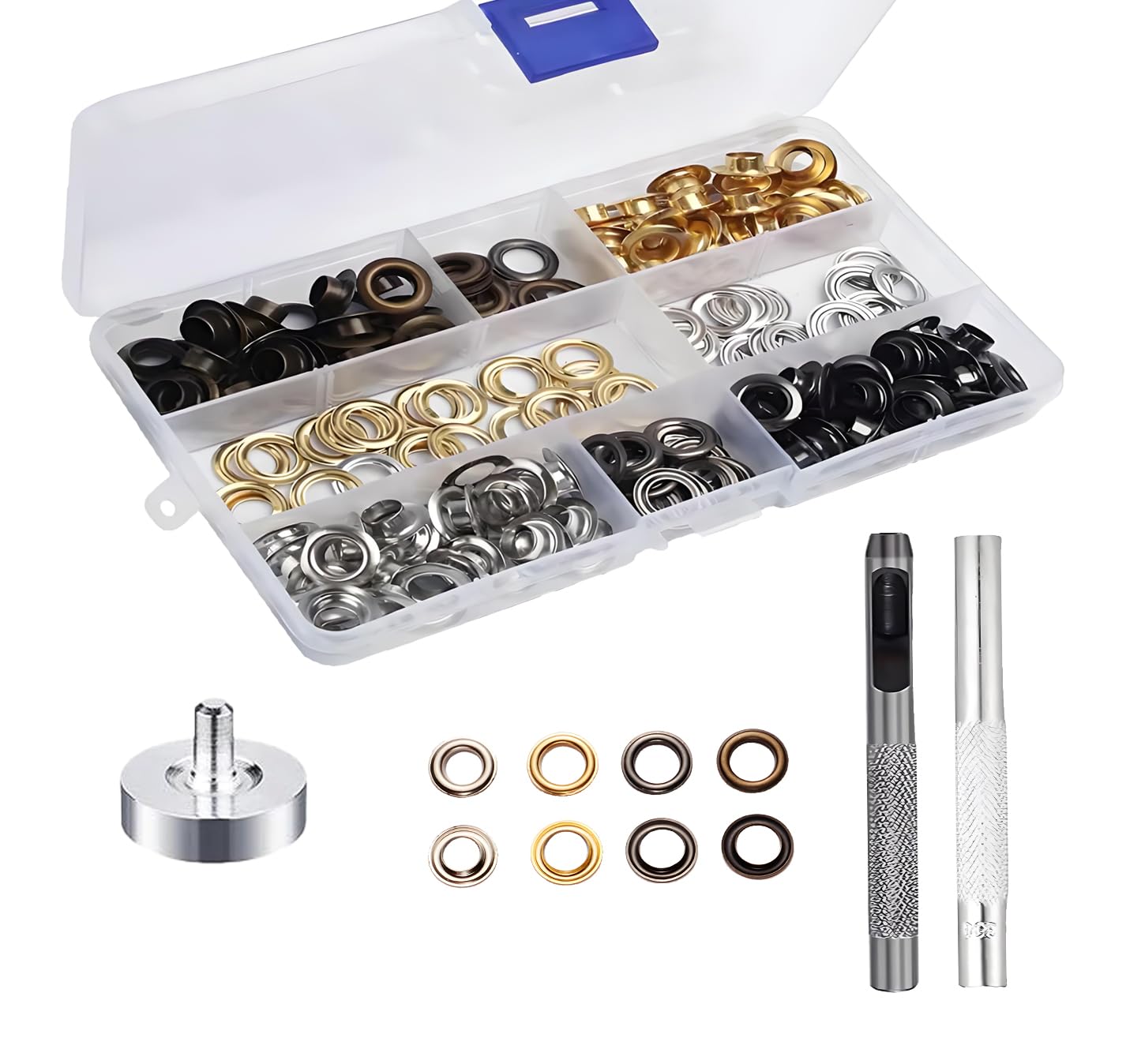 Uskerb 200 Sets Eyelet Punch Kit - 1/4 Inch Grommets for DIY Crafts, Clothing, Curtains, Leather with Storage Box - Durable Metal Eyelet Kit with Easy-to-Use Tools for Beginners and Professionals