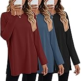 Huukeay 3 Pack Oversized Long Sleeve Shirts for Women Cotton Workout Side Split Gym Crewneck Tops Loose Basic Tee Fall(Black, Haze Blue, Wine Red,Small)