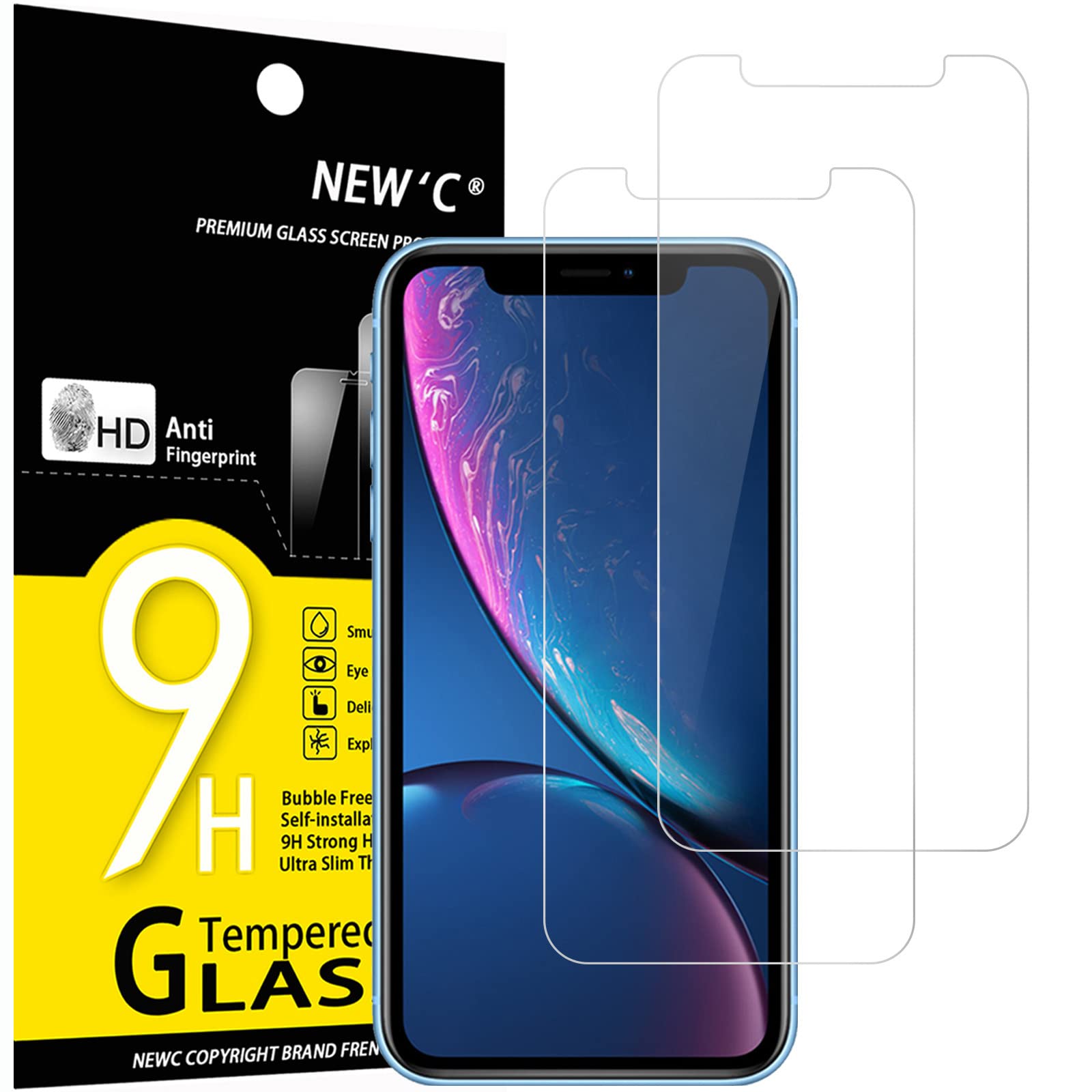 NEW'C 2 Pack Designed for iPhone 11 and iPhone XR Screen Protector (6.1"), Tempered Glass, Case Friendly Bubble Free Ultra Resistant