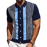 Les umes Men's Knit Polo Shirts Short Sleeve Button Down Shirts Striped Summer Beach Casual Shirt