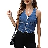 Ladyful Womens Crop Denim Vest Top Sleevelesss V Neck Jean Waistcoat Vest