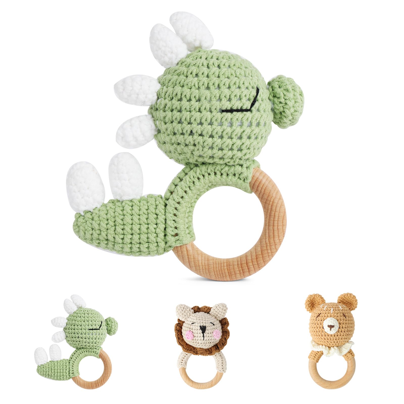 Vicloon Wooden Baby Rattle, Crochet Animals Soft Rattle Sensory Toys, Handmade Rattle for Newborn Gift, Baby Toys for Toddler 0-12 Months (Dinosaur)