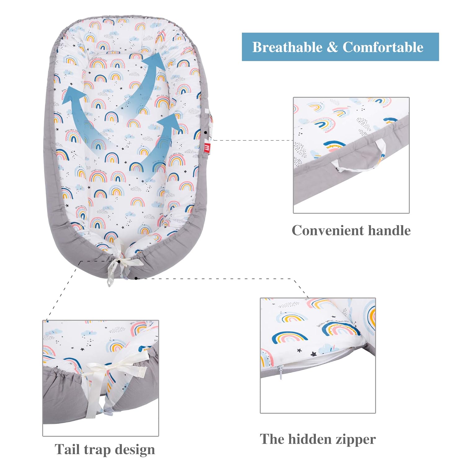 XMWEALTHY Baby Nest Pillow Soft Infant Lounger Pillow Newborn Portable Bed Co Sleeper for Baby Girls Crib & Bassinet Mattress, Rainbows: Baby