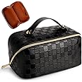 Large Capacity Travel Cosmetic Bag Plaid Checkered Makeup Bag Portable Leather Waterproof Skincare Bag with Handle and Divider for Women 01-Black