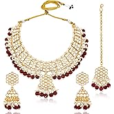 Aheli Kundan & Beads Studded Green Necklace Jhumki Earrings Maangtikka Set Ethnic Jewellery for Women Design 1