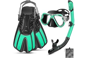 PIYAZI Snorkeling Gear for Adults, 4 in 1 Adult Snorkel Set with Panoramic View Snorkel Mask, Dry Top Snorkel, Adjustable Short Fins and Travel Bag, Snorkel Set with Fins for Snorkeling Diving