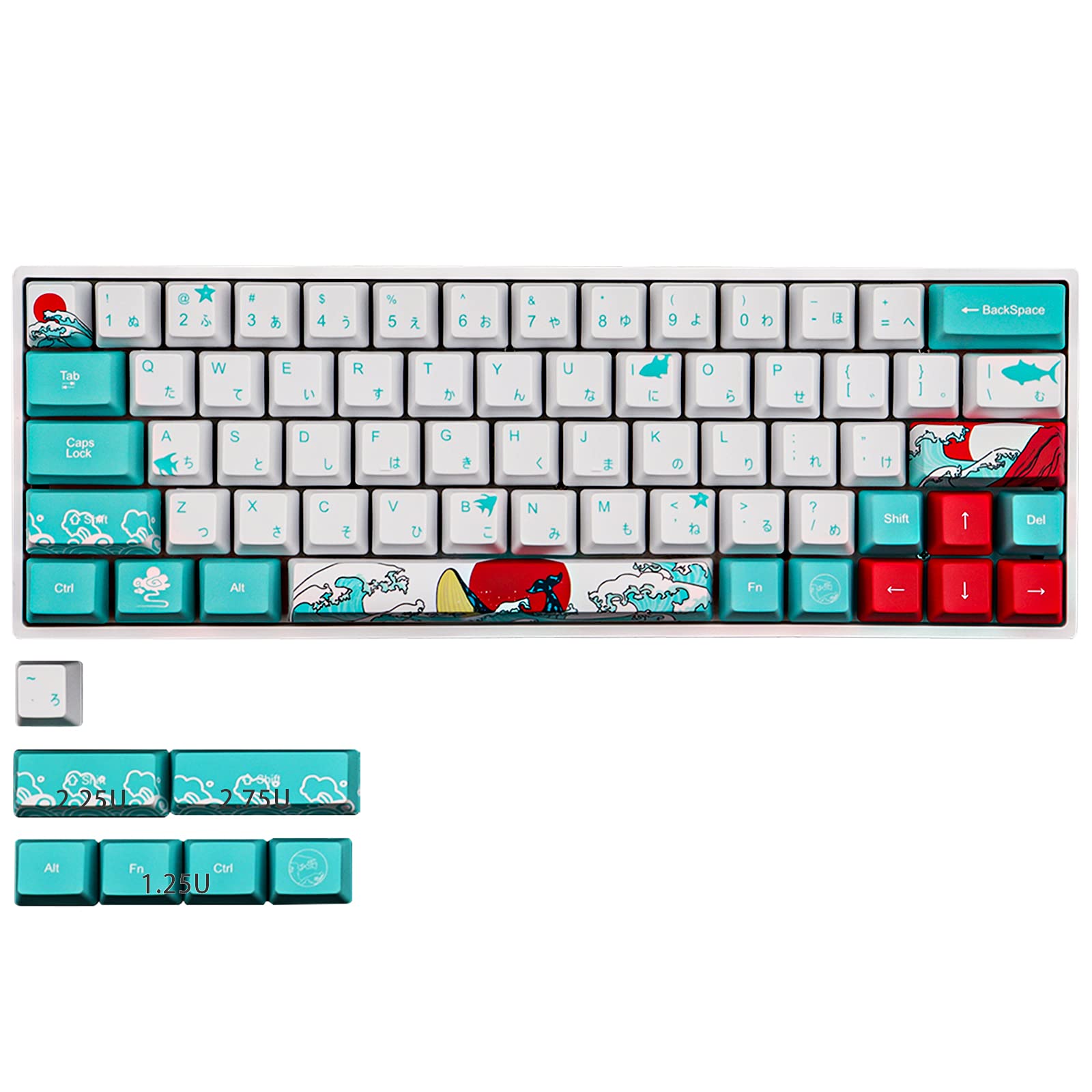 TsungUP Keycaps, 71 Keycaps PBT Keycaps OEM Profile Custom Keycap Dye Sublimation Coral Sea English Japanese Korean Russian Keycaps For 61/64 Mechanical Keyboard Poker Keys(Japenese)