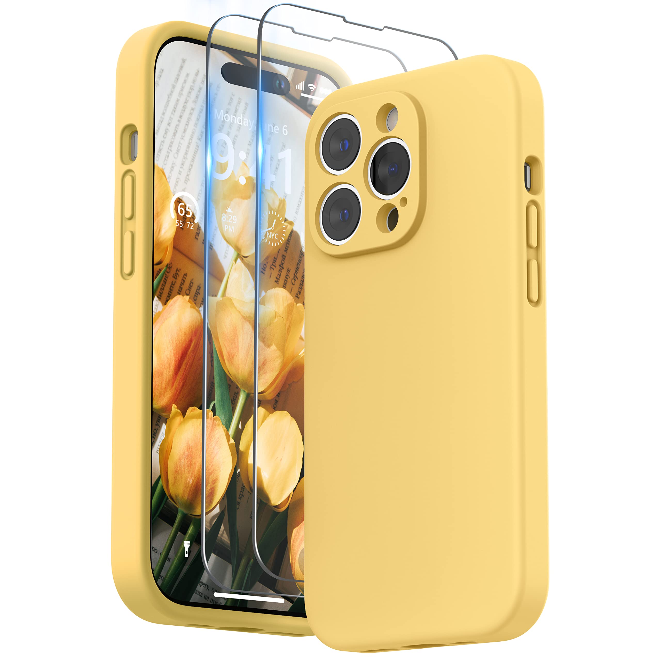SURPHY Designed for iPhone 14 Pro Case with Screen Protector, (Camera Protection & Soft Microfiber Lining) Liquid Silicone Phone Case, Sunglow