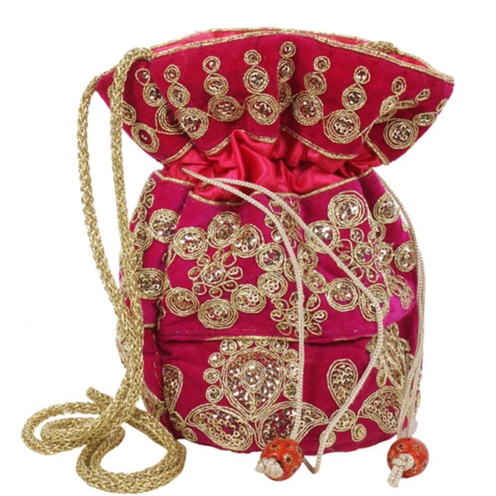 Purpledip Potli Bag (Clutch, Drawstring Purse) For Women With Intricate Gold Thread & Sequin Embroidery Work, Pink Color (10038)