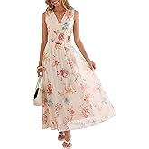 ANRABESS Womens Summer Floral Dress V Neck Sleeveless A Line Wedding Guest Maxi Tulle Dresses Casual Beach Vacation Clothes