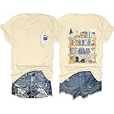 Halloween Teacher Shirts for Women Ghost Reading Book T-Shirt Casual Fall Teacher Tee Tops