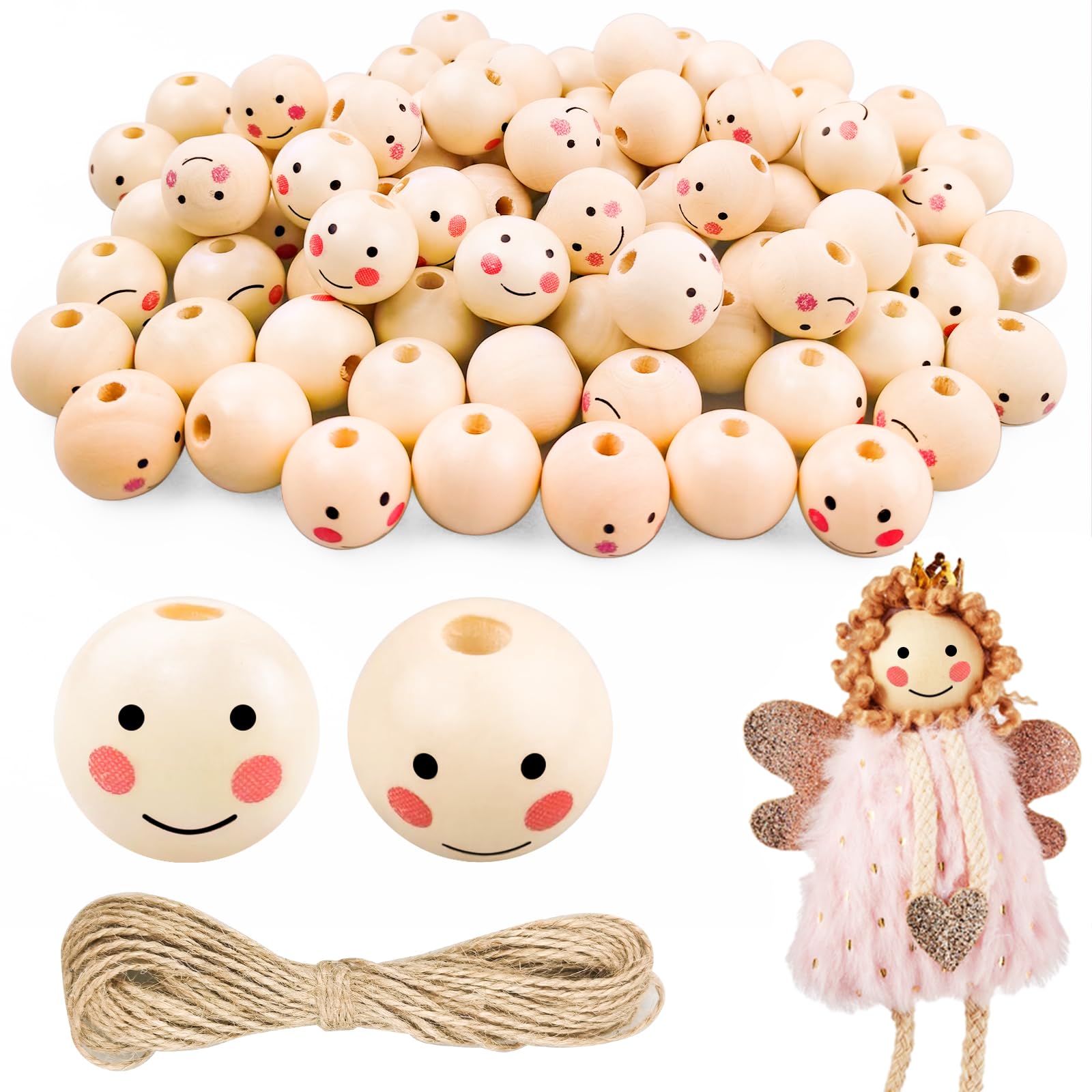 Furuising 80PCS Smile Wooden Beads, 20MM Natural Wooden Beads for Crafting with 4.5mm Hole, 10m Jute String for Making Christmas Angels, Decorations, Craft DIY