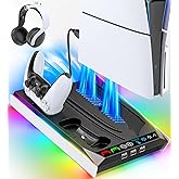 PS5/Slim/Pro Stand for Disc & Digital Console, PS5 Cooling & Charging Station with RGB Lights, PS5 Controller Charger Built-in 3 Level & AUTO Adjustable Fan, PS5/Slim/Pro Accessories Comes 3 USB Ports