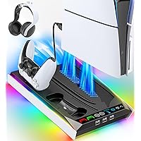 PS5/Slim/Pro Stand for Disc & Digital Console, PS5 Cooling & Charging Station with RGB Ambient Lighting, PS5 Controller Charg