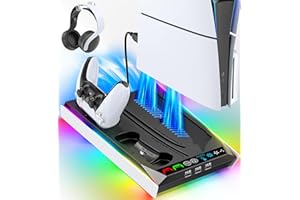 PS5/Slim/Pro Stand for Disc & Digital Console, PS5 Cooling & Charging Station with RGB Ambient Lighting, PS5 Controller Charg