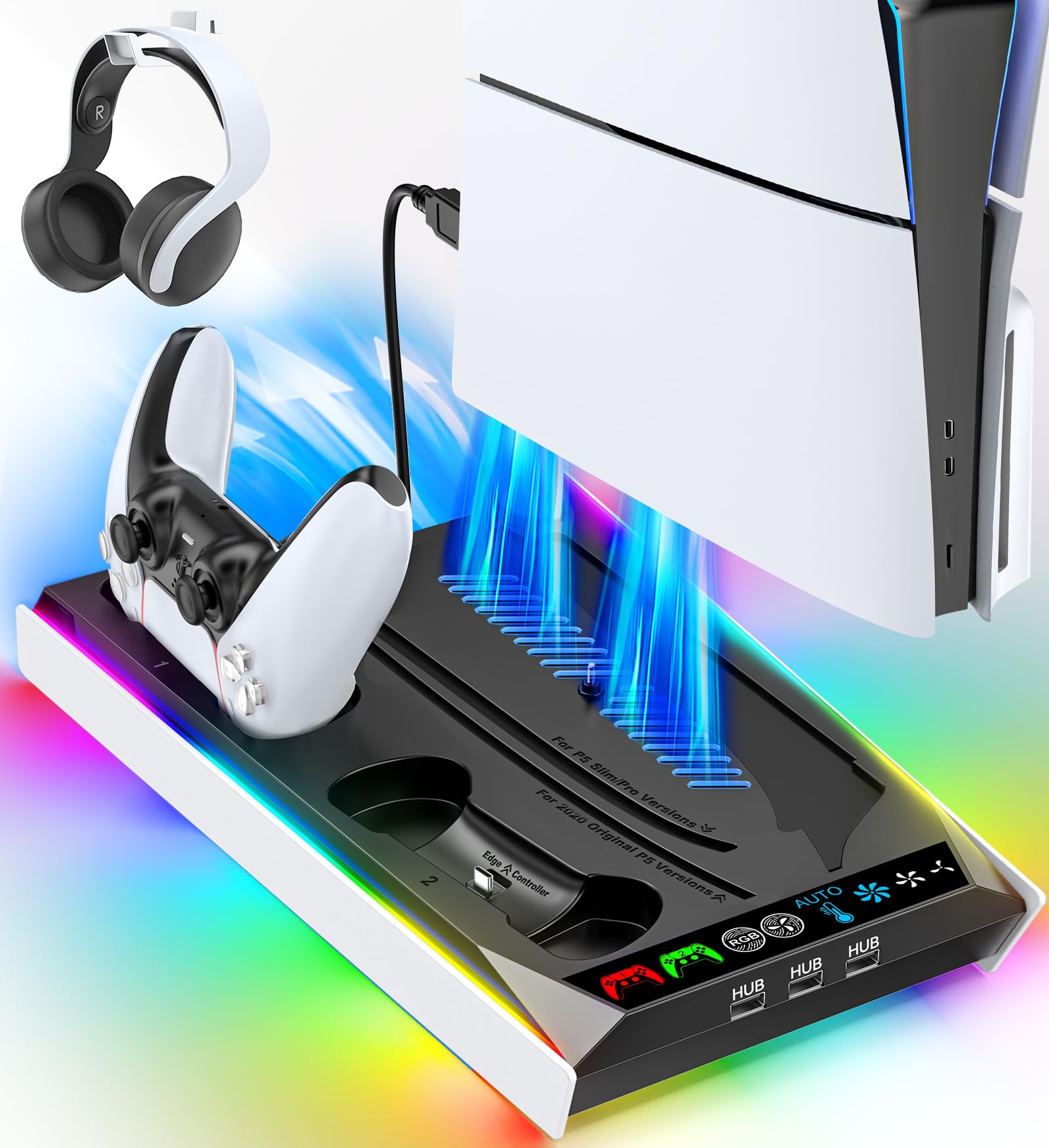Photo 1 of PS5/Slim/Pro Stand for Disc & Digital Console, PS5 Cooling & Charging Station with RGB Lights, PS5 Controller Charger Built-in 3 Level & AUTO Adjustable Fan, PS5/Slim/Pro Accessories Comes 3 USB Ports