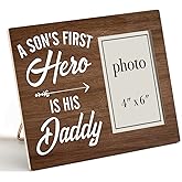 Zauly Daddy and Son Wooden Picture Frame Gift for Father New Baby Dad, a Son's First Hero Wood Photo Frame Gifts for Father's Day Birthday Christmas, Tabletop and Wall Mounting, 4x6 Inch Photo