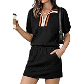 BLENCOT Skirt Sets Short Sleeve Half Zip Tops Mini Skort Textured Color Clock 2 Pieces Sets for Women Summer Outfits