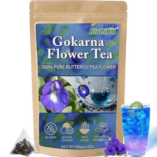 BUTTERFLY PEA FLOWER TEA BAGS – GOKARNA FLOWER TEA, TRANSPARENT TRIANGLE TEABAG, PREMIUM DRIED BUTTERFLY PEA FLOWERS, 100% NATURAL | NO SUGAR | NO CAFFEINE | NO GLUTEN | VEGAN 2.82OZ (1)