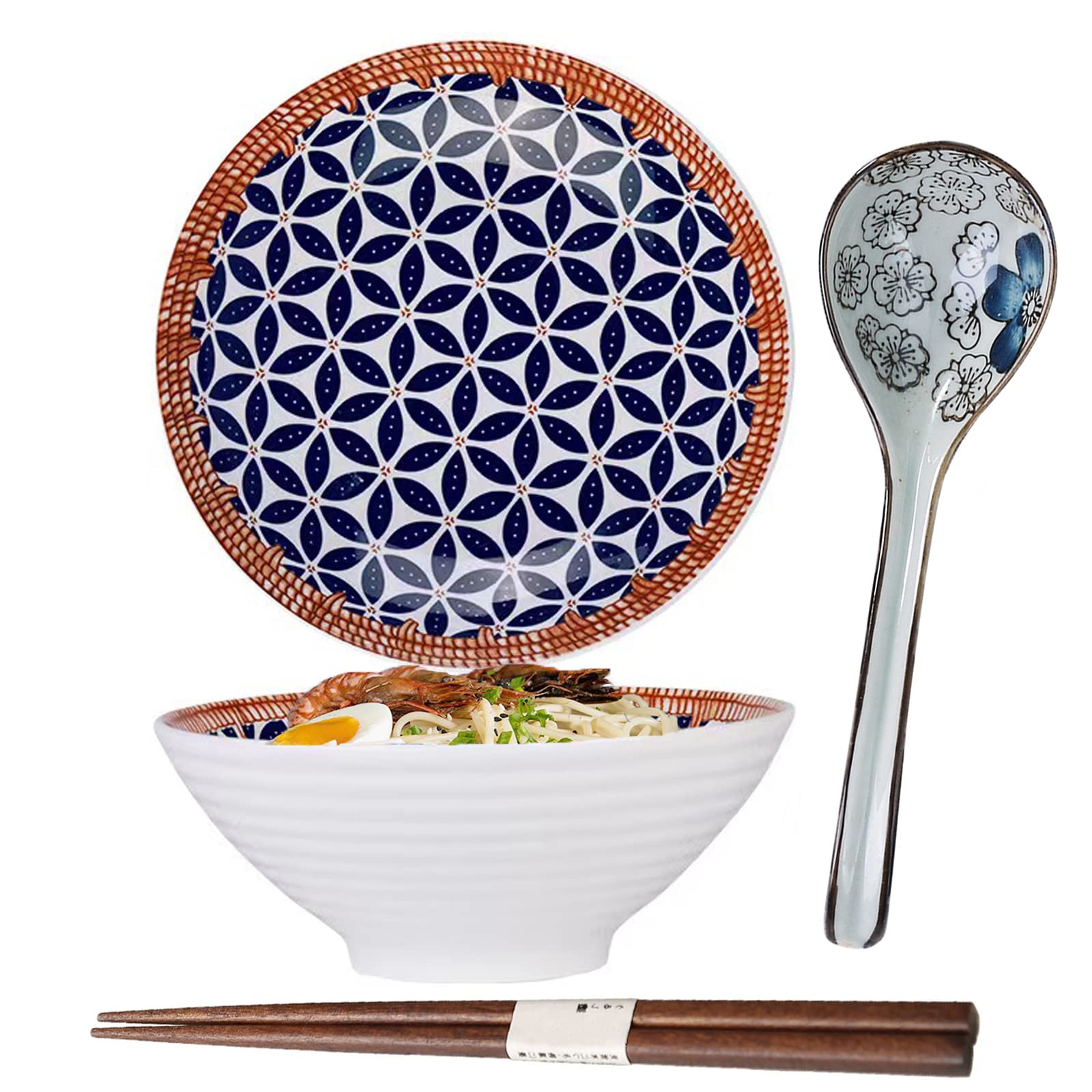 Ceramic Ramen Bowl Set,Large Porcelain Japanese Bowl,1100ml Japanese Noodle Soup Bowl,with Spoon Chopsticks,Salad Bowls (A)