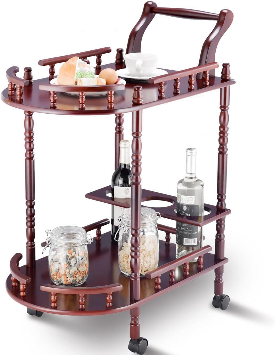 AK Energy Wood 2 Tier Kitchen Serving Bar Cart Trolley Rolling Wine Bottle Rack Stand Cherry Color w/Handle