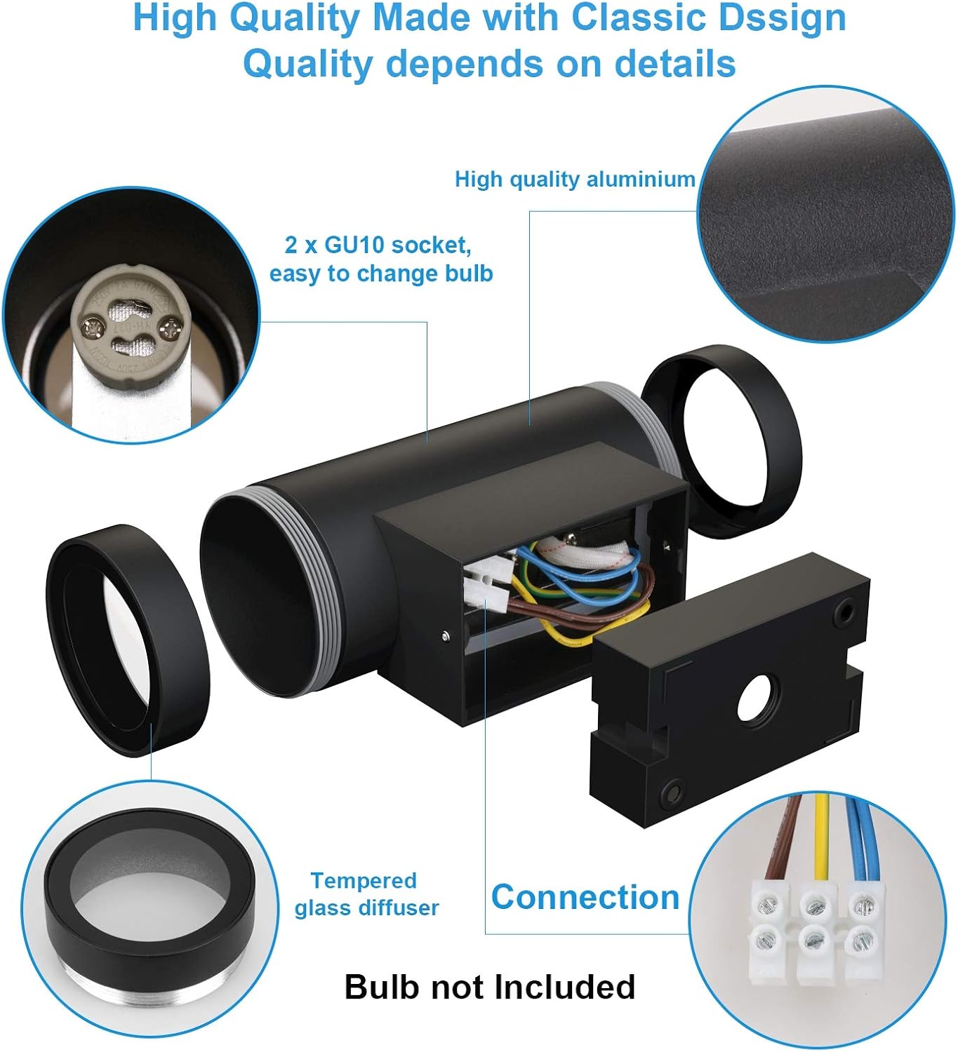 Klighten 2 pcs Black Outdoor Wall Light IP65 Up Down Outside Wall Lighting Modern Aluminum Wall Lamp for Garden Entrance Corridor Courtyard Socket GU10 - Image 4