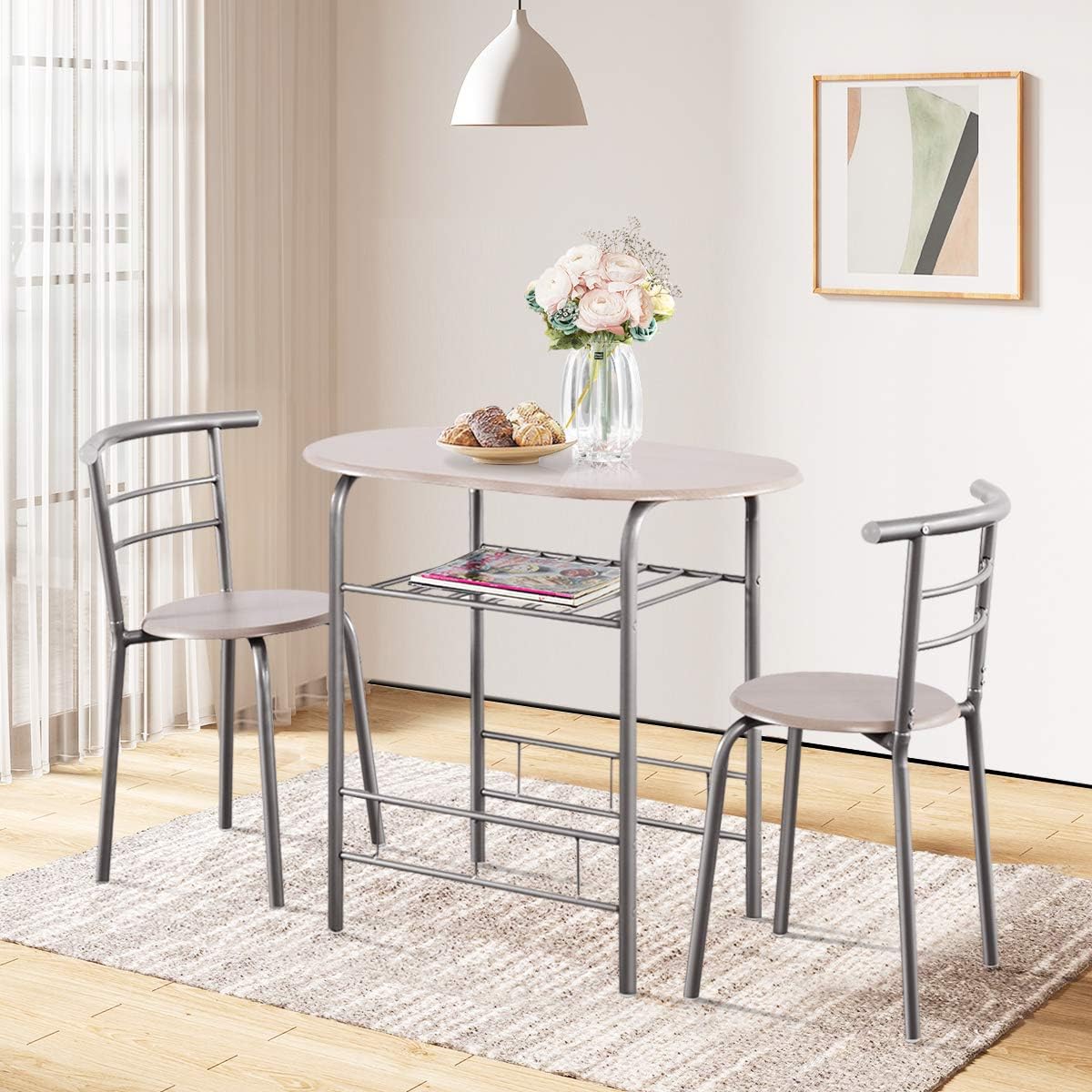 Giantex 3 Piece Dining Set Compact 2 Chairs and Table Set with Metal Frame and Shelf Storage Bistro Pub Breakfast Space Saving for Apartment and Kitchen (Beech) - Table & Chair Sets