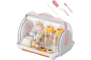 Nollapo Baby Bottle Drying Rack Storage with 3 Brush, Nursing Bottle Storage Box Organizer with Cover, Portable Kitchen Cabinet Organizer, Durable countertop Dryer (Orange)