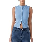 Women’s Button Down Tank Tops Sleeveless Ribbed Crop Summer Button Up Crewneck Vest Shirt Going Out Slim Fit Tops