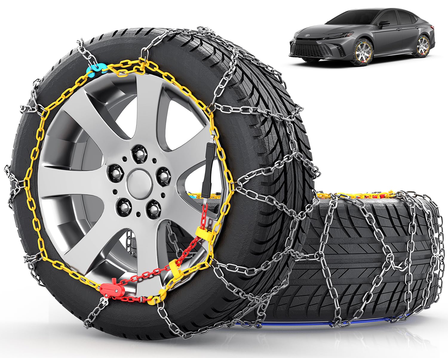 Photo 1 of Snow-Chains Easy Install Tire-Chains, One-Pull Fit Design Tire Snow Chains for Passenger Cars, Sedan, SUVs, Emergency Winter Tire Traction Car Tires 235 245 255 275 - Set of 2 (KN140)