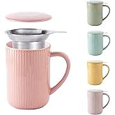 Yundu 15.5oz/470ml Flambe Pink Ceramics Teacups with Infuser and Lid, Loose Leaf Tea Cup