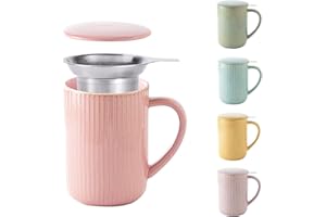 Yundu 15.5oz/470ml Flambe Pink Ceramics Teacups with Infuser and Lid, Loose Leaf Tea Cup