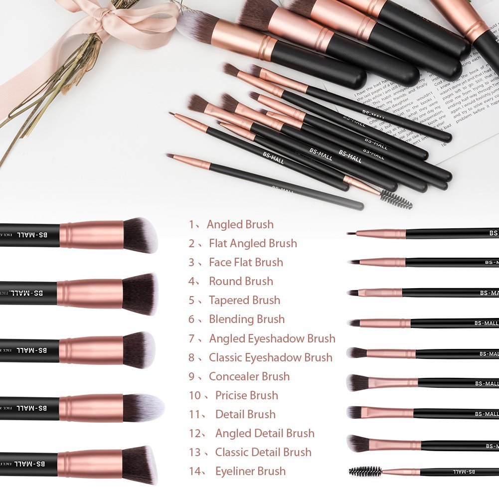 BS-MALL Makeup Brushes Premium Synthetic Foundation Powder Concealers Eye Shadows Makeup 14 Pcs Brush Set, Rose Golden, 1 Count: Beauty