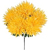 Hollyone Yellow Artificial Mums Flowers Bush 5 Heads Silk Chrysanthemum Flowers Stems Wedding Bouquets Faux Spider Mum Flowers Large Floral Arrangements Fake Pincushion Flower for Home Decor