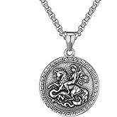 Meilord Stainless Steel St. George Dragon Slayer Pendant Necklace for Men Women Silver Religious Christian Catholic Medal Medallions Jewelry, 24 inch Chain