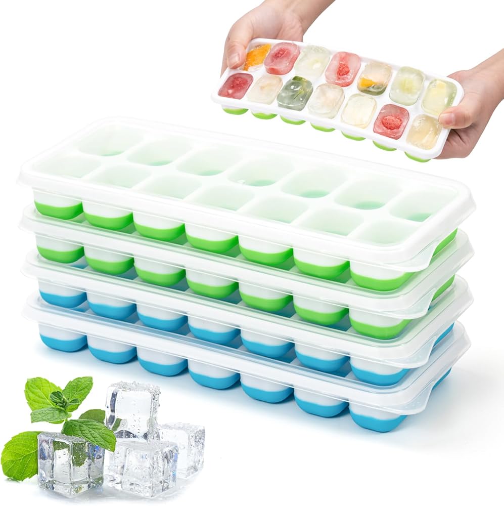 Gelapa 4 Pack Ice Cube Tray, Silicone Ice 14-Cube Trays with Lid, BPA Free Easy-Release Reusable Stackable Ice Maker Freezer