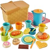 HERSITY Kids Picnic Basket Play Tea Sets for Toddlers 3-5 Girls Boys Gifts | Pretend Food Plastic Tea Party Set Little Girl Boys Teapot Dishes Outdoor Playhouse Kitchen Playset for 3 4 5 Year Old Childs