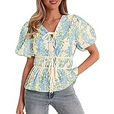 Cicy Bell Womens Puff Sleeve Tie Front Tops Summer Babydoll Peplum V Neck Blouse Casual Dressy Pleated Floral Print Shirts