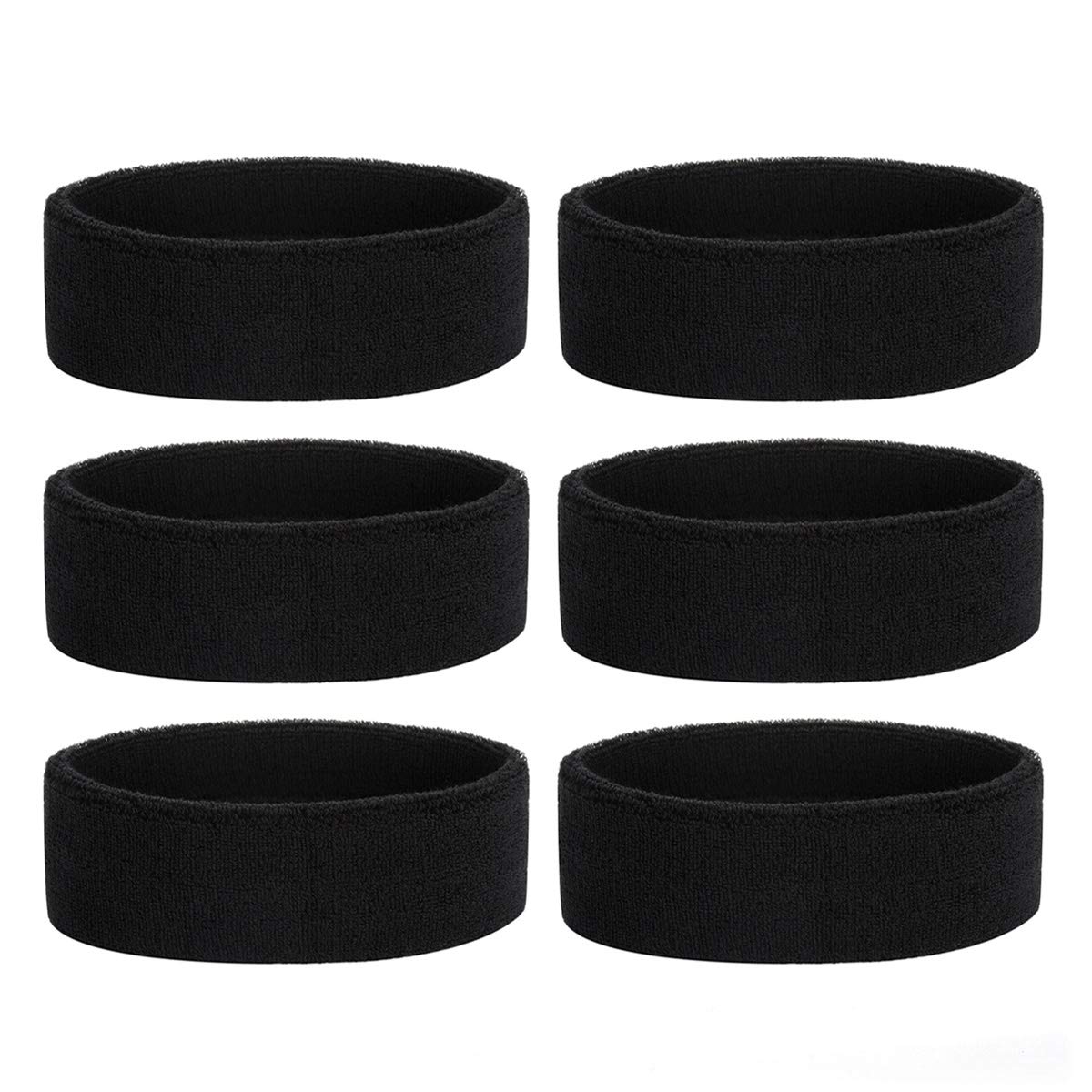 ONUPGO Sweatband Headband Men & Women - 3PCS Sports Headbands Moisture Wicking Athletic Cotton Terry Cloth Sweatband Sweat Absorbing Head Band (6 Headbands - Black)