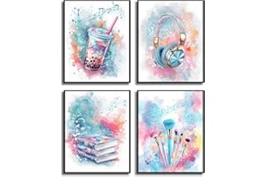 4 Pcs Tween Teen Girls Bedroom Wall Art Watercolor Pictures Teenager Music Lovers Posters Wall Decor Printing Makeup Brushes 