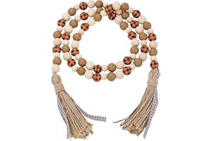 SFONI Fall Decorations Harvest Wood Bead Garland with Tassel - Home Tiered Tray Decor with Jute Rope Plaid Tassel, Rustic Fall Room Décor for Wall Mantle Shelf Oranges Decor Thanksgiving Beads, Check Beads