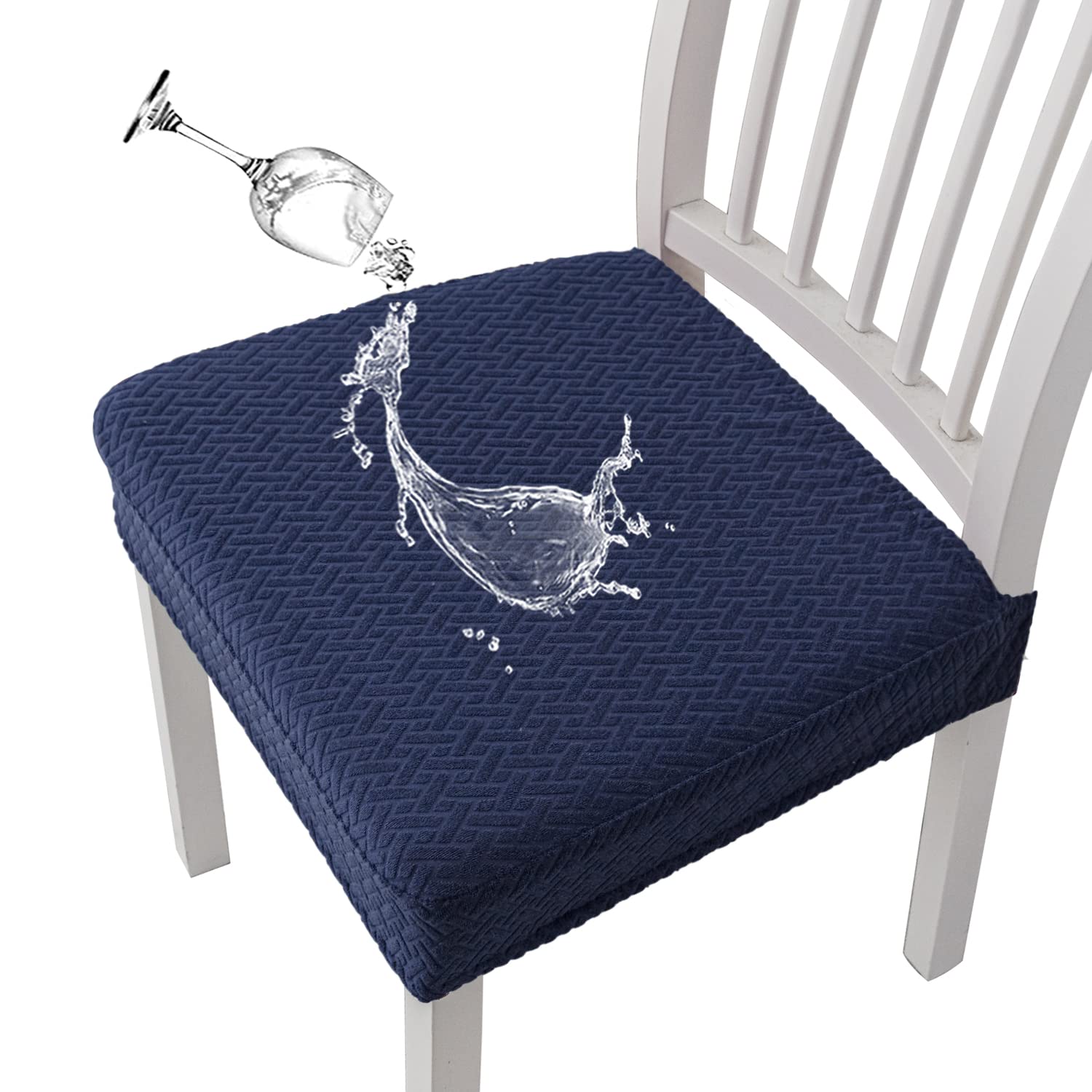 KELUINA Stretch Lattice Jacquard Waterproof Chair Seat Covers for Dining Room 1/2/4/6 PCS Chairs Covers Dining Chair Covers Kitchen Chair Covers (Navy,6 Pcs)