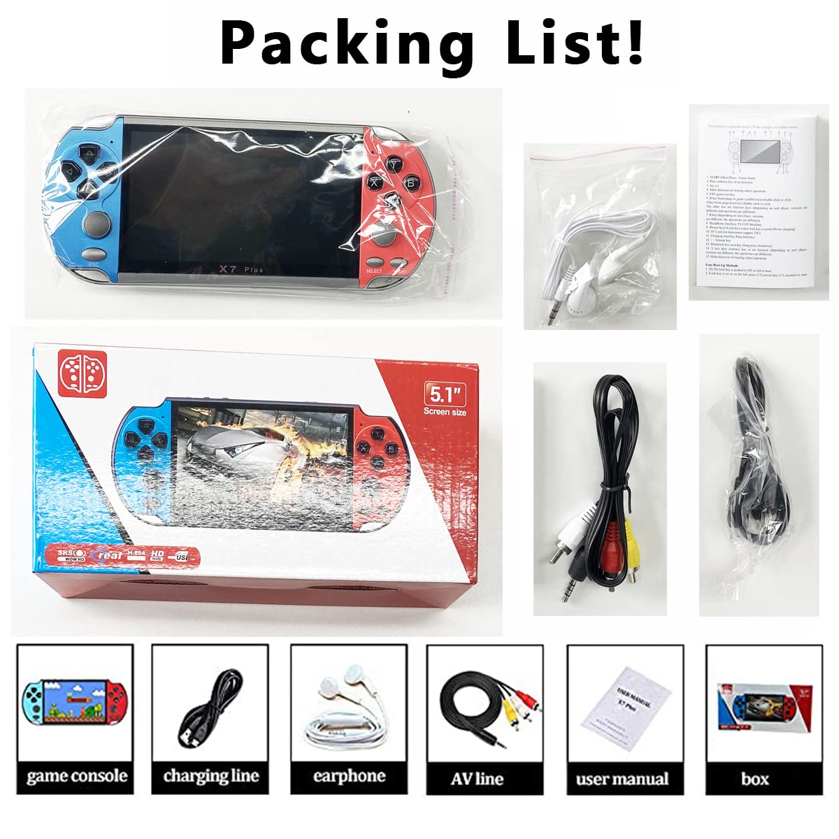 songlan-X7Plus 5.1 inch Built-in 10500+ Free Games GBC/GBA/FC/MD/Arcade, Dual Joystick Portable Handheld Game Console, 8GB RAM, MP3, MP4, MP5, Movie/Video/Music/Gamer Birthday Gift（Yellow&Red）