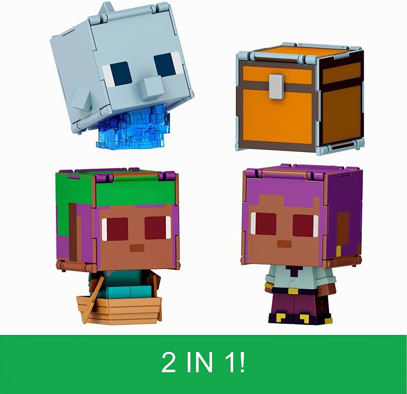 Minecraft - Flippin' Figs Delfino + Baule ed Efe + Efe in barca, set da 2 personaggi alti 9,5 cm e con teste grandi, ispirati al videogioco, giocattolo per bambini, 6+ anni, JCY31