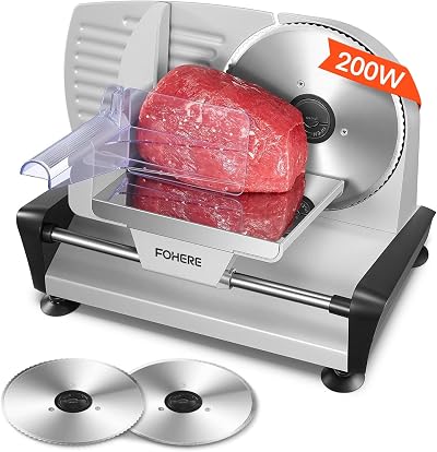 FOHERE Meat Slicer 200W with 2 Blades 0-15mm Thickness Silver